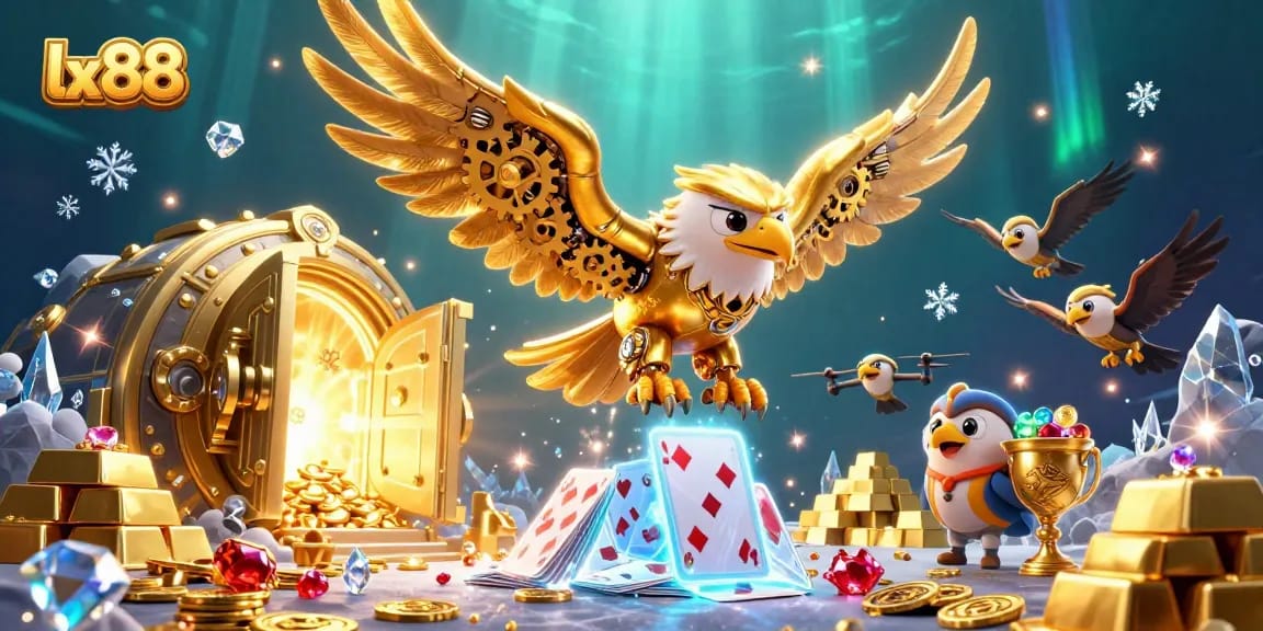Experience the thrill of lx88 with a stunning 3D eagle soaring through a treasure-filled casino world.