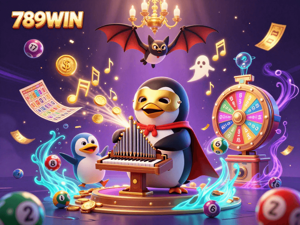 Experience the vibrant world of 789WIN with an energetic scene of a penguin playing an organ surrounded by lottery elements.