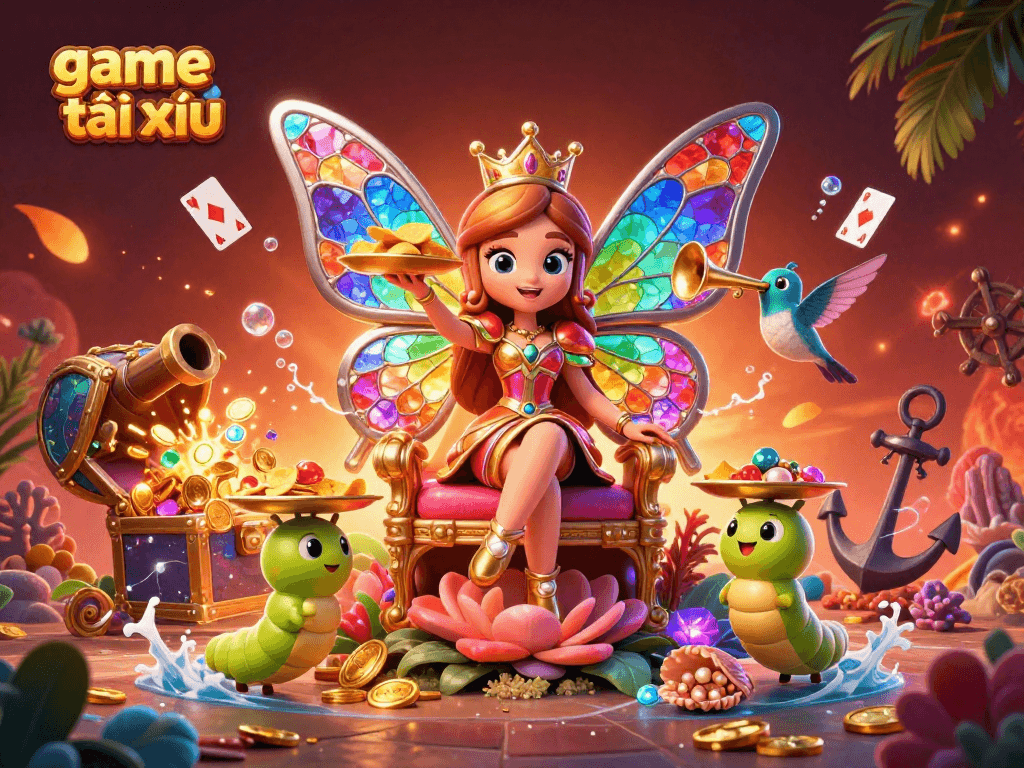 Engage in game tài xỉu with vibrant characters amidst treasure and casino elements in a dynamic 3D illustration.