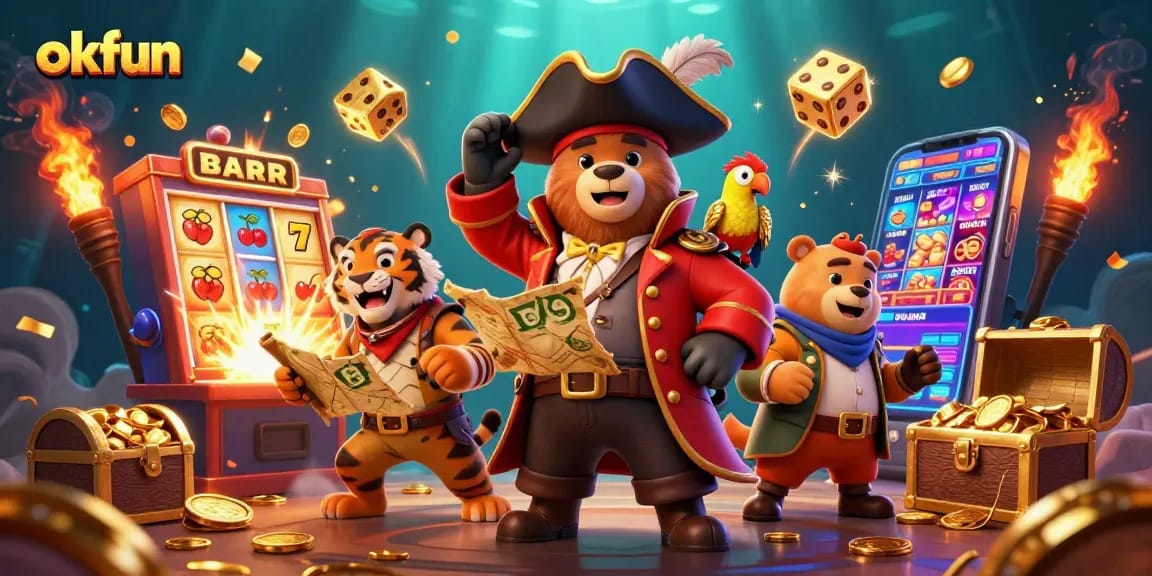 Engage with the exciting okfun gaming experience featuring a pirate bear and tiger at a vibrant casino scene.