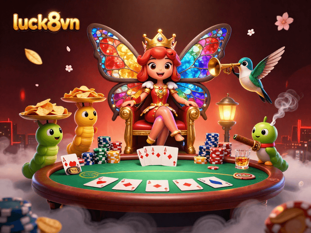 Engage in thrilling gameplay at luck8vn with a vibrant 3D butterfly queen scene filled with poker action.