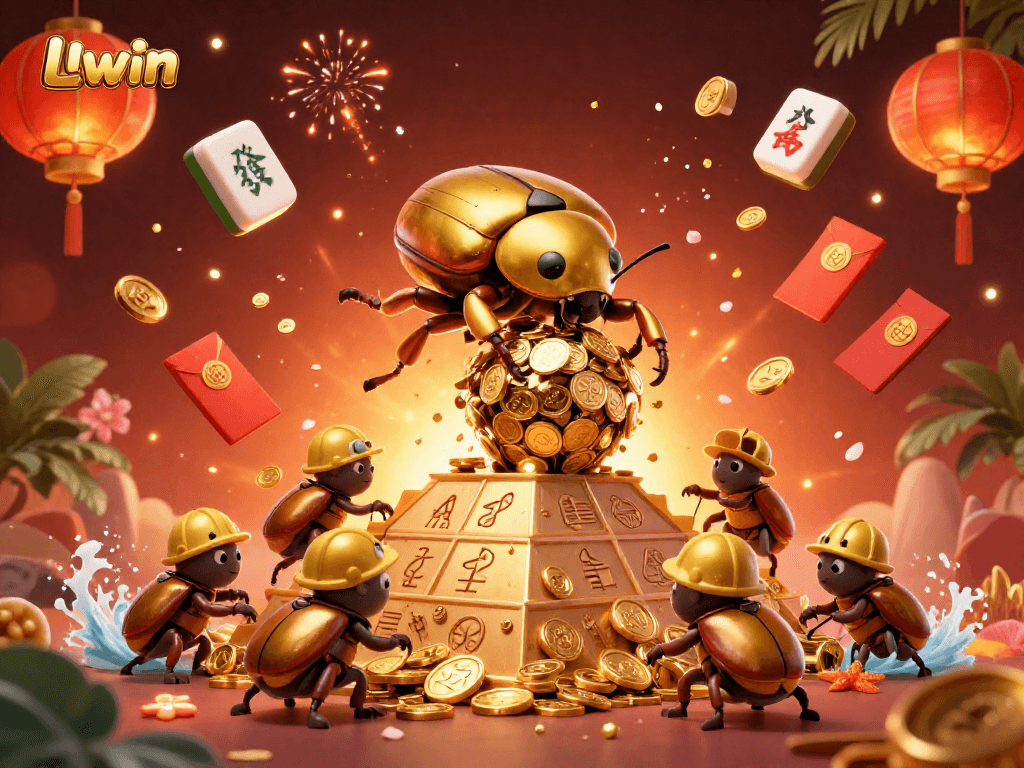 Engage with Llwin's vibrant casino scene, as golden beetles roll coins surrounded by fortune symbols.