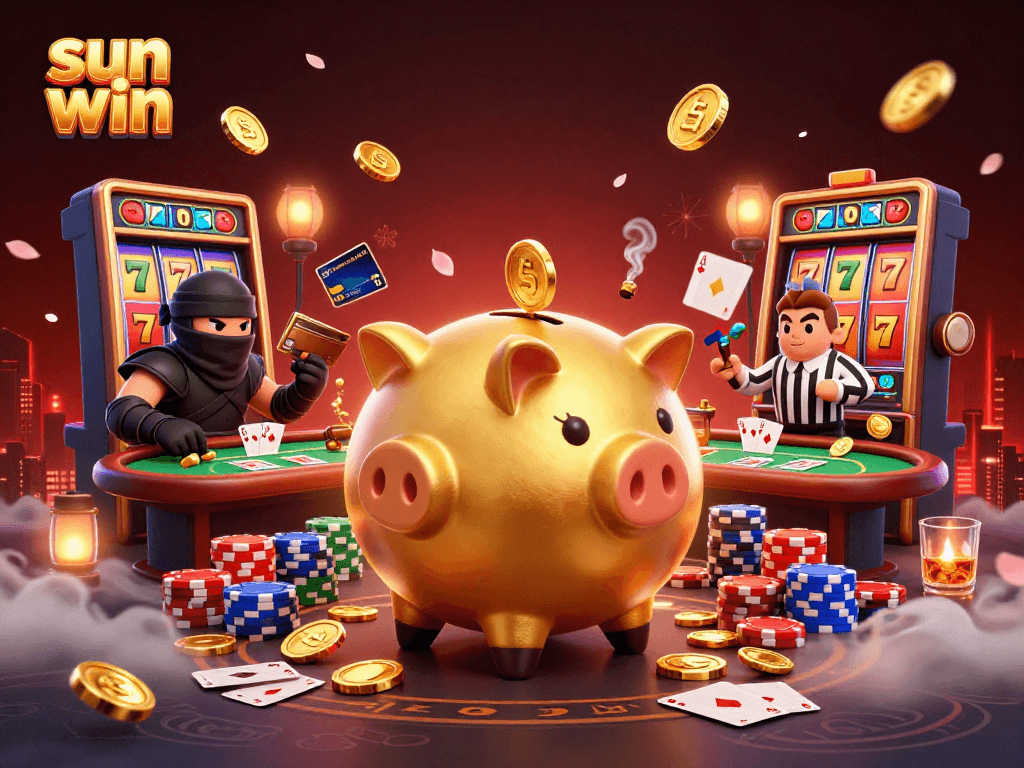 Experience sun win at this vibrant casino scene with golden piggy bank sumo wrestler and dynamic slot elements.