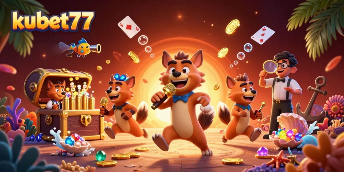 Experience kubet77's comedy casino with hyenas, gold coins, and vibrant ocean elements.