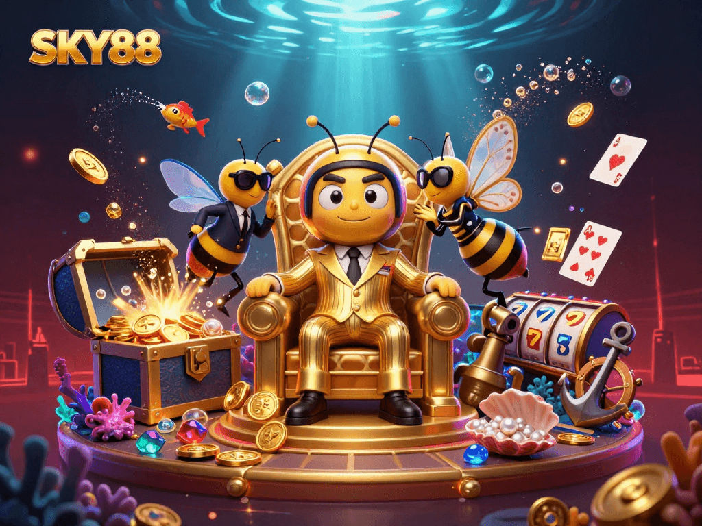Experience the thrilling world of SKY88 with a vibrant 3D casino scene full of excitement and winning opportunities.