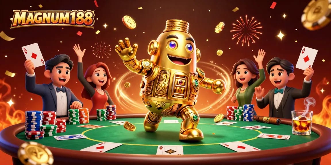 Experience thrilling gameplay at MAGNUM188 with colorful poker elements and dynamic casino scenes.