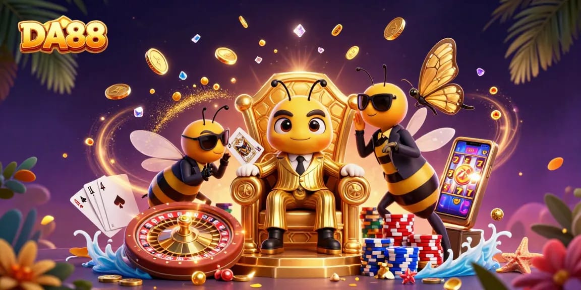Experience excitement at DA88 casino with a mob boss and golden gaming elements in a vibrant scene.