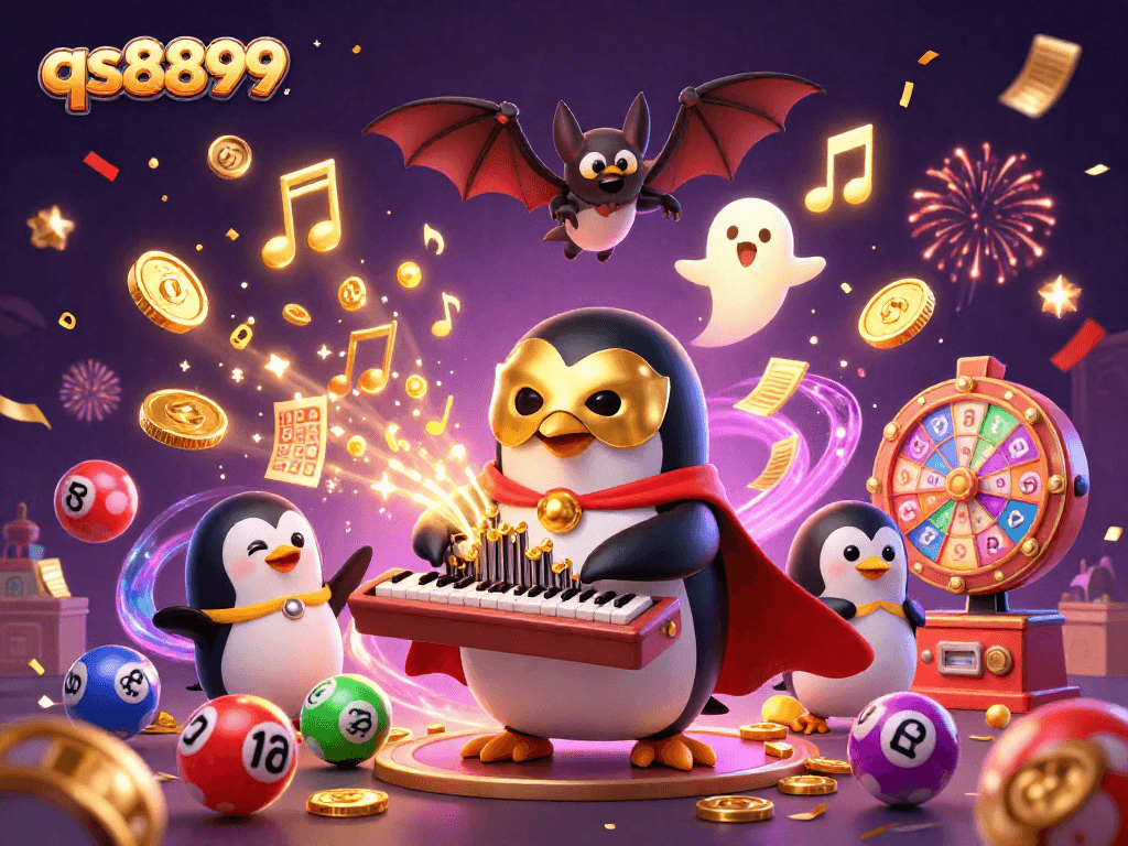 Engage with qs8899 as a 3D phantom opera penguin plays a golden organ, surrounded by vibrant gaming elements.