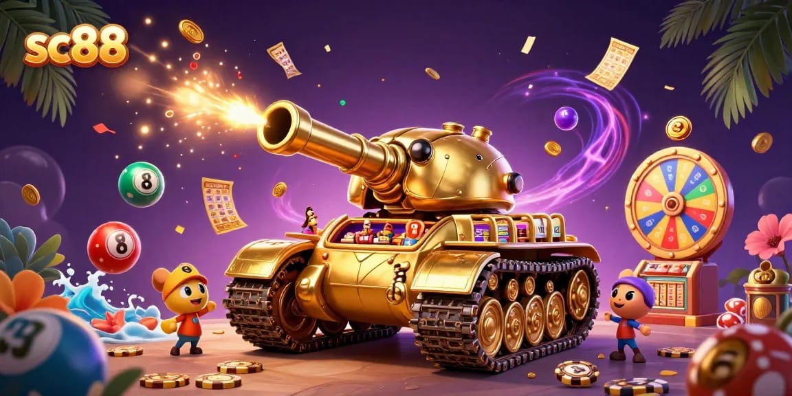 Experience the vibrant action of sc88 with captivating lottery elements and a mini casino scene.
