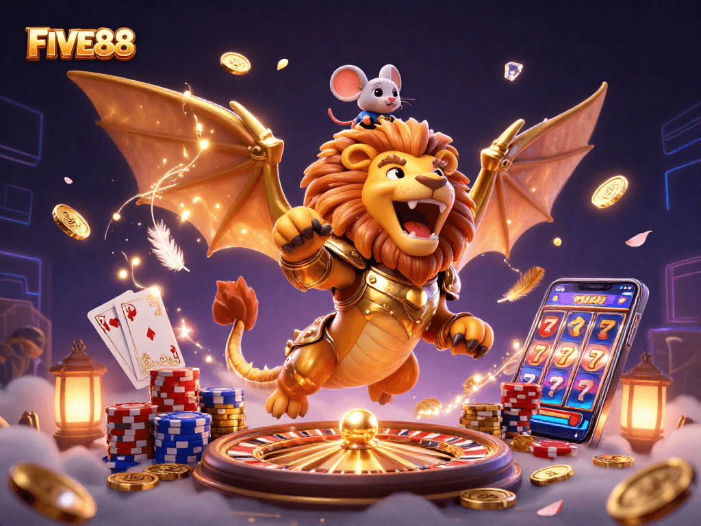 Experience the thrill of FIVE88 with a vibrant casino scene showcasing games and characters.