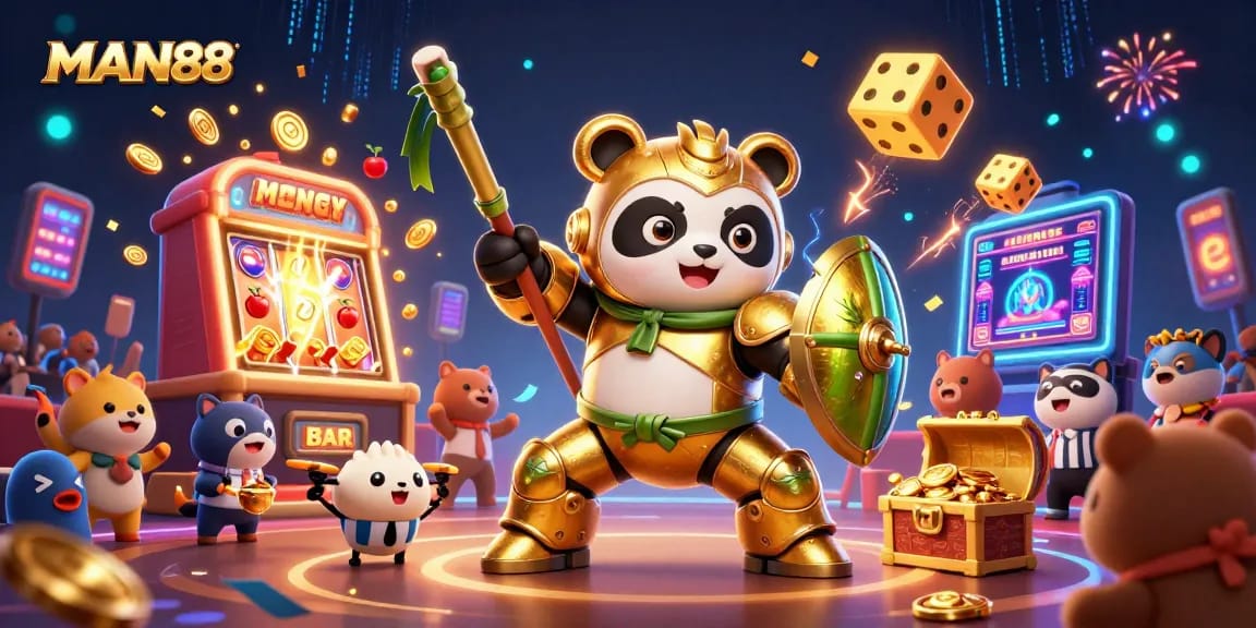 Experience the excitement of MAN88 with dynamic scenes featuring golden panda and casino elements.