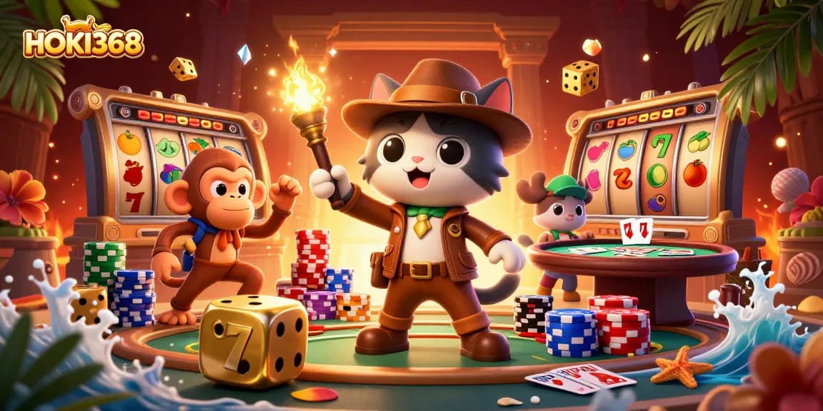 Engage with HOKI368's thrilling online slot games in an adventurous scene.