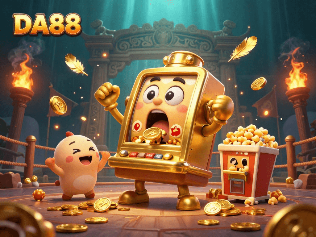DA88 slot machine wins jackpot as golden coins spill out, surrounded by cheering baby slots and dynamic casino elements.