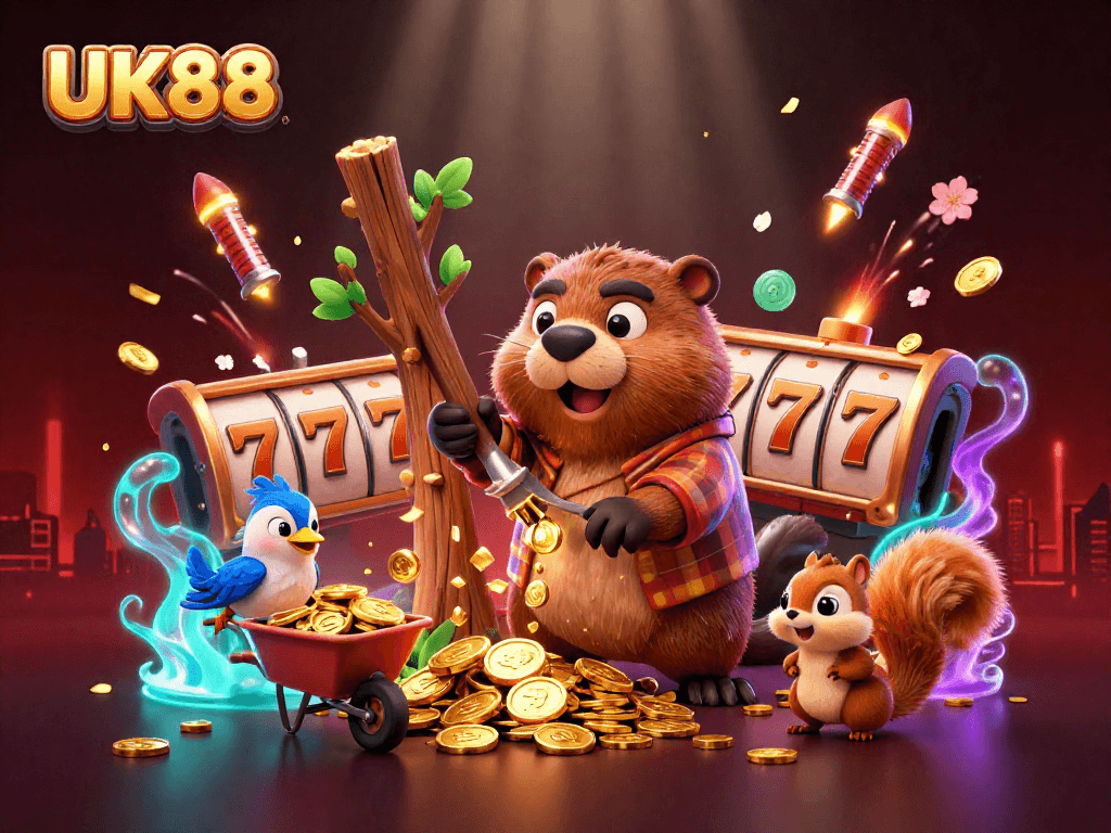 Win big with UK88 as a 3D cartoon beaver revels in golden coins and slot reels.