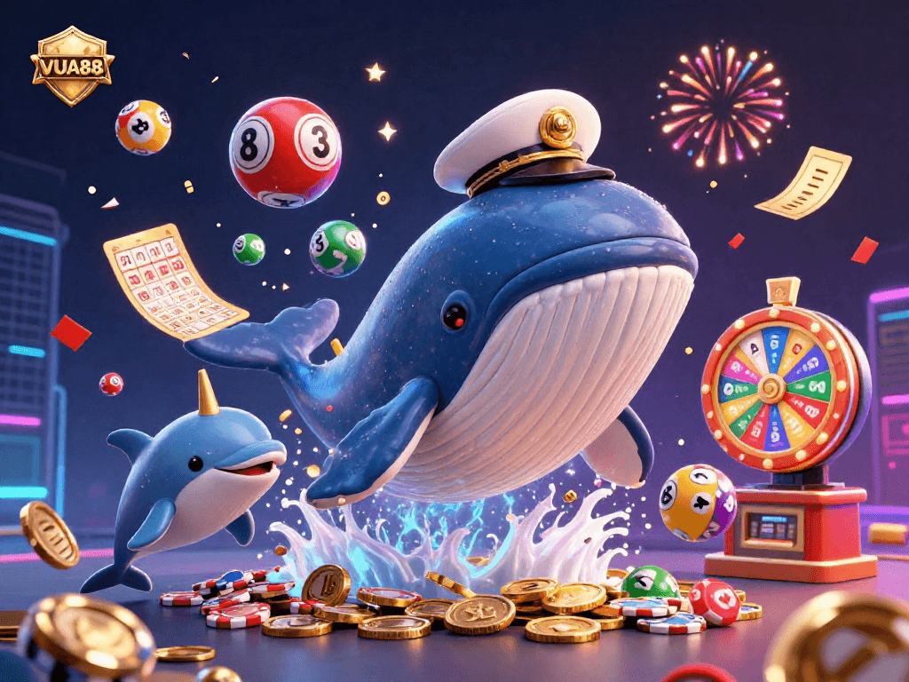 VUA88 offers exciting experiences with a whale captain and playful dolphins amidst vibrant casino action.