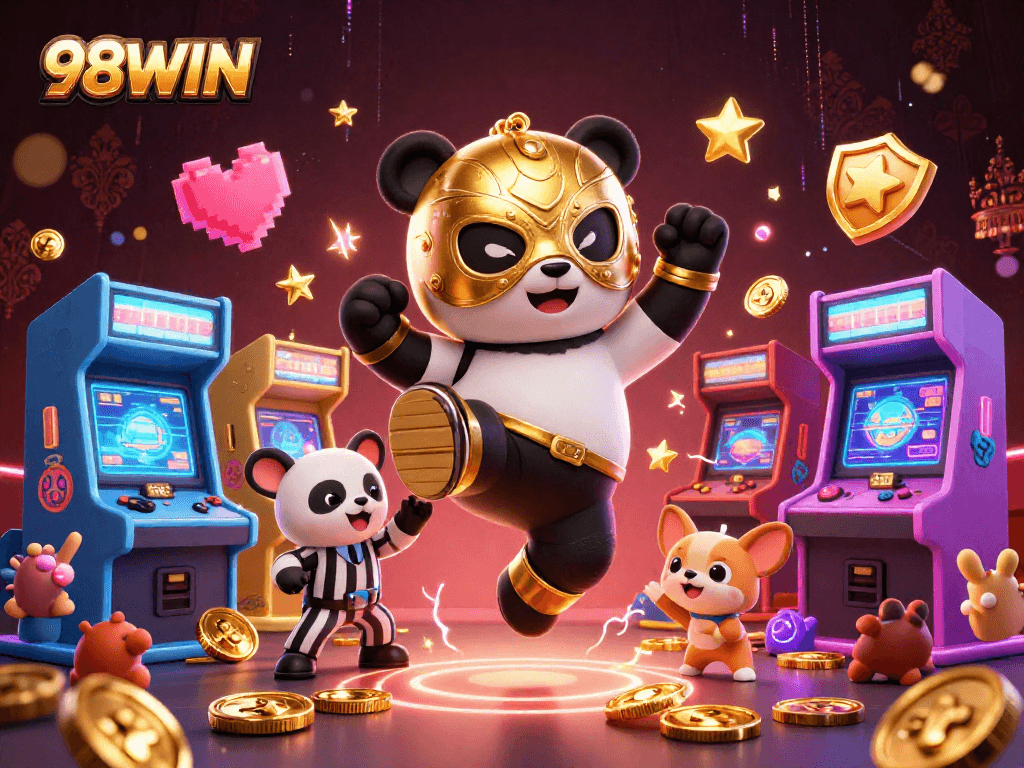 Experience the thrilling action at 98WIN with a panda wrestler launching a kick amidst vibrant gaming excitement.