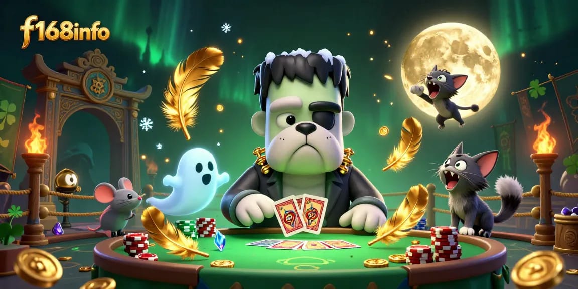 Experience thrilling gameplay at f168info with a 3D illustration featuring a bulldog monster dealing cards.