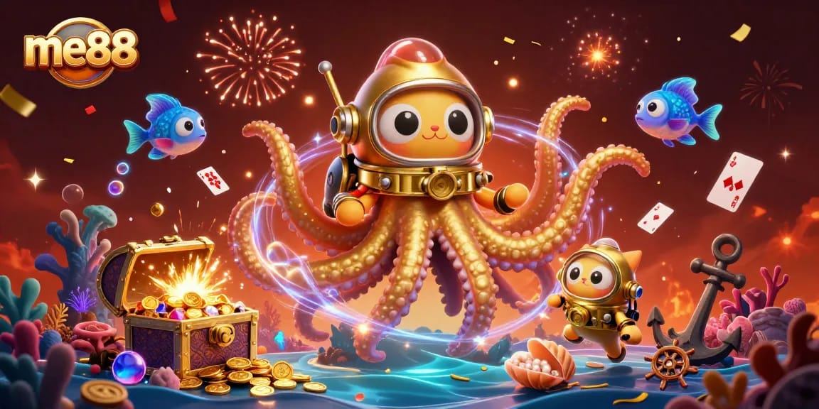 Experience thrilling gameplay at me88 with a dynamic kraken and diving cat in a vibrant underwater scene.