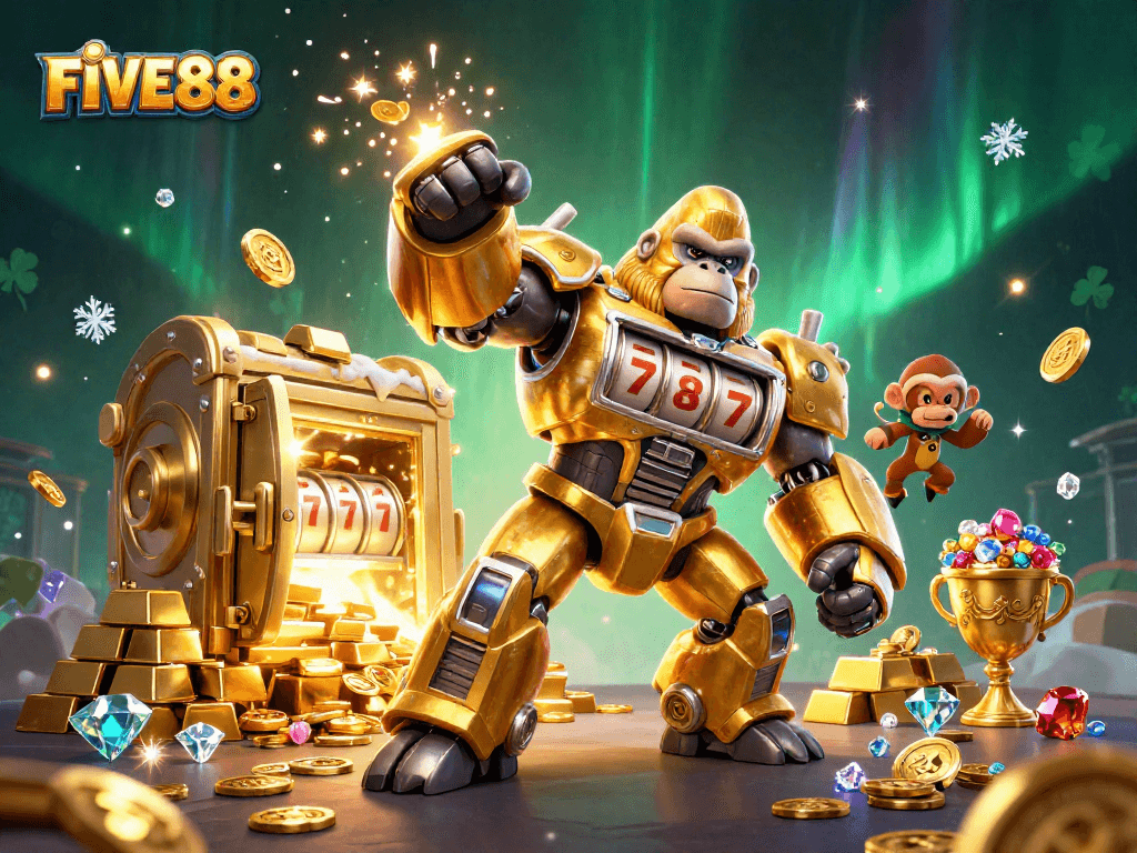 Engage with FIVE88's exciting slots experience featuring a vibrant golden gorilla mech and treasures.