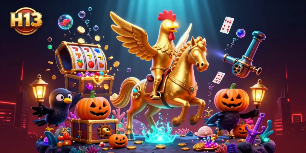 Experience the thrill of H13 casino gaming with a dynamic golden rooster and treasures!