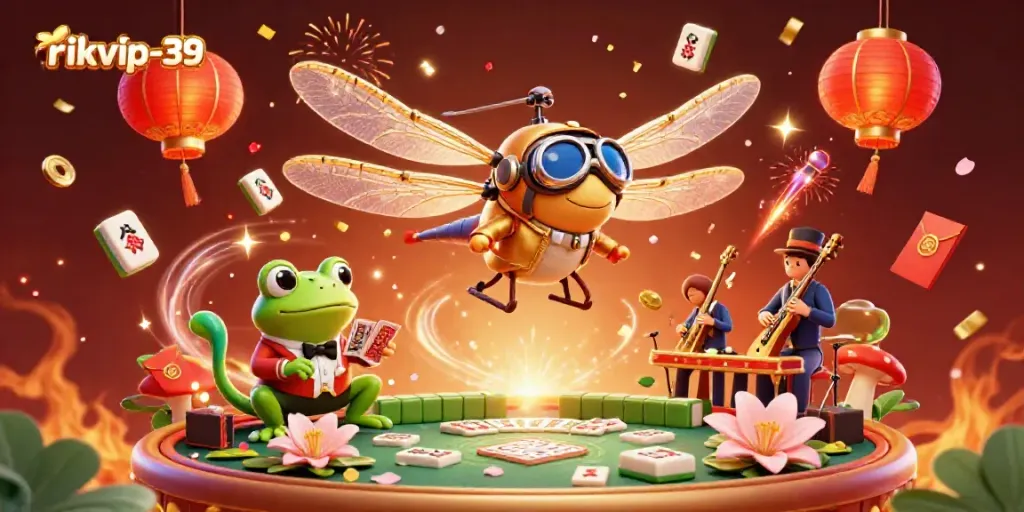 Experience the excitement of rikvip-39 with a vibrant digital illustration showcasing a dragonfly pilot above a lily pad casino.