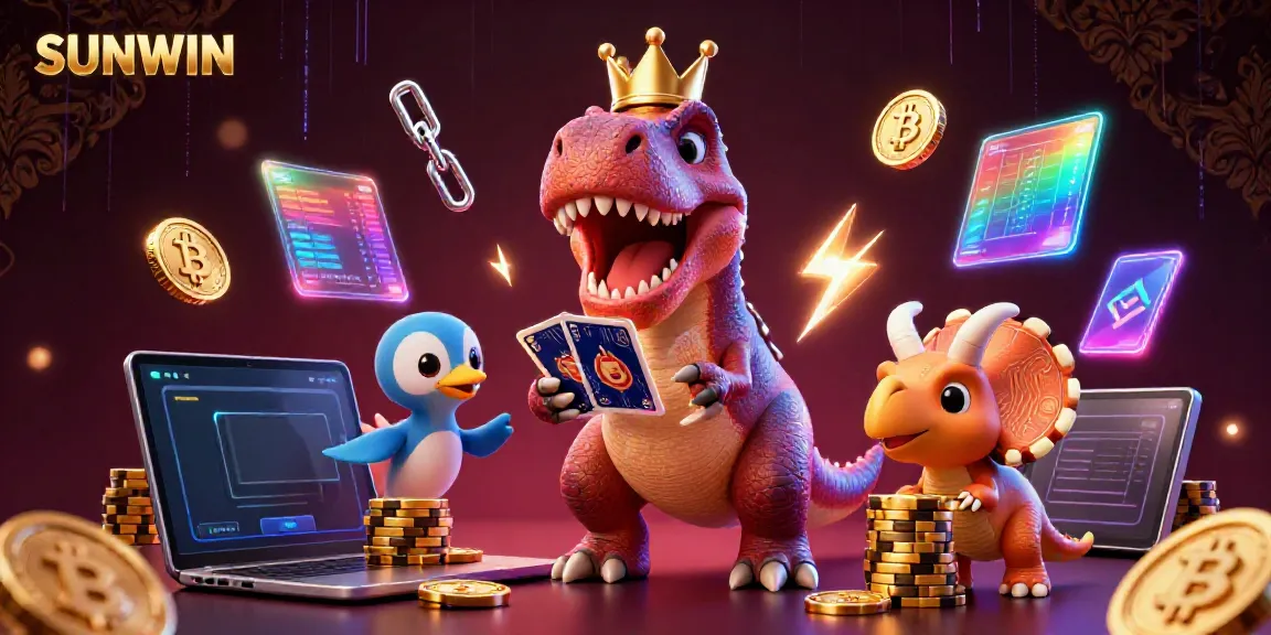 Experience the thrilling SUNWIN casino adventure with cartoon dinosaurs amidst glowing crypto coins and vibrant visuals.