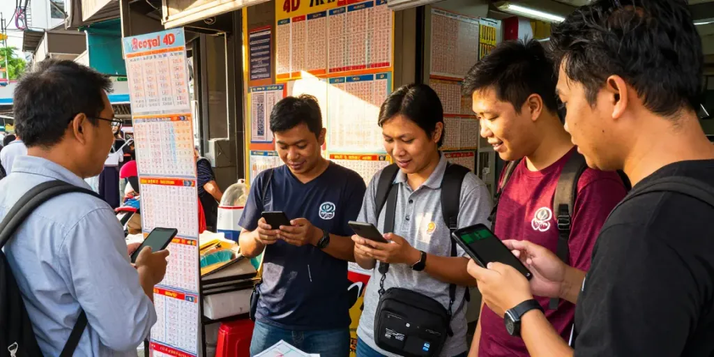 People celebrating over togel 4D results in a lively urban setting.