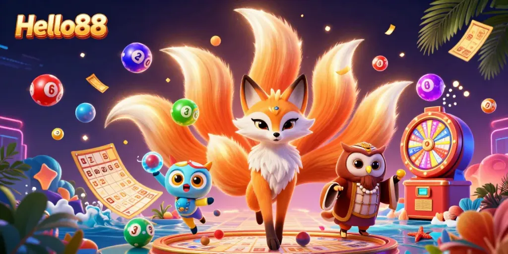 Feel the excitement at Hello88 with a vibrant 3D illustration showcasing lucky lottery elements and magical characters.