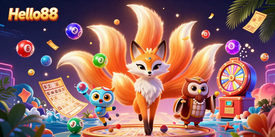 Feel the excitement at Hello88 with a vibrant 3D illustration showcasing lucky lottery elements and magical characters.