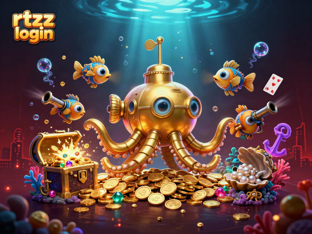 Engage with rtzz login in a vibrant underwater scene, featuring a golden kraken submarine and treasure.