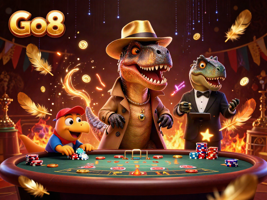 Go8 casino scene with a velociraptor card counter and a stegosaurus pit boss at a blackjack table.