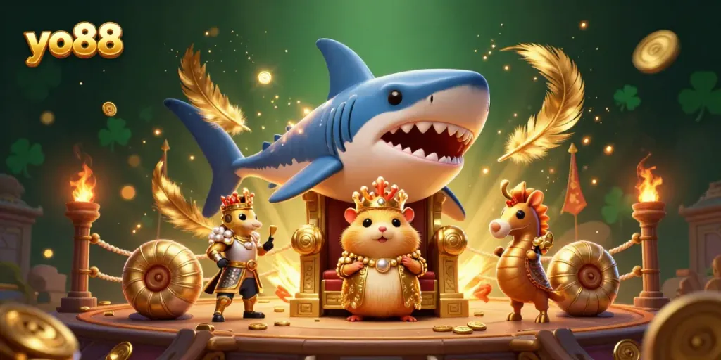 Engage with the thrilling world of yo88 as a golden hamster king reigns over a dynamic casino scene.