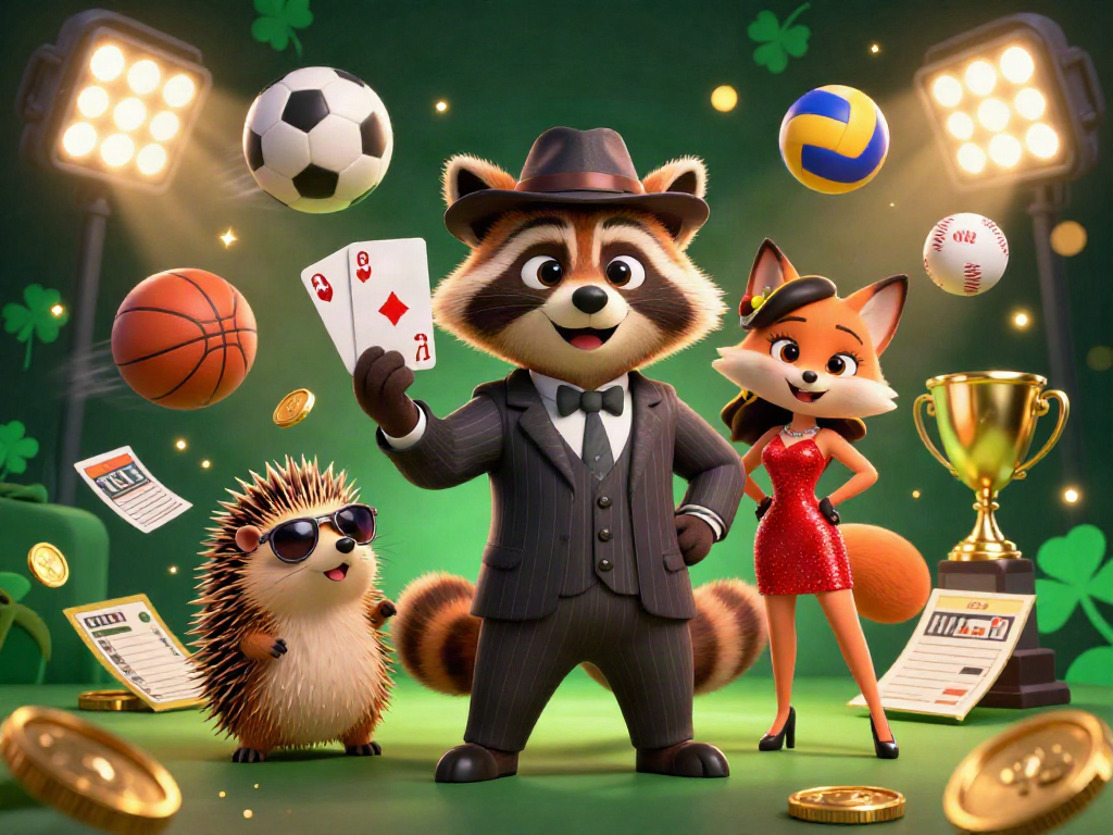 Experience the excitement of TK11 with a raccoon holding a royal flush, amid dynamic sports elements in a dazzling casino scene.