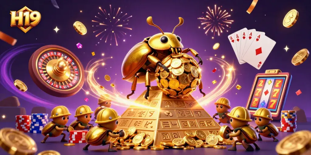 Win big at H19 with a colorful casino scene featuring golden coins and vibrant gaming elements.