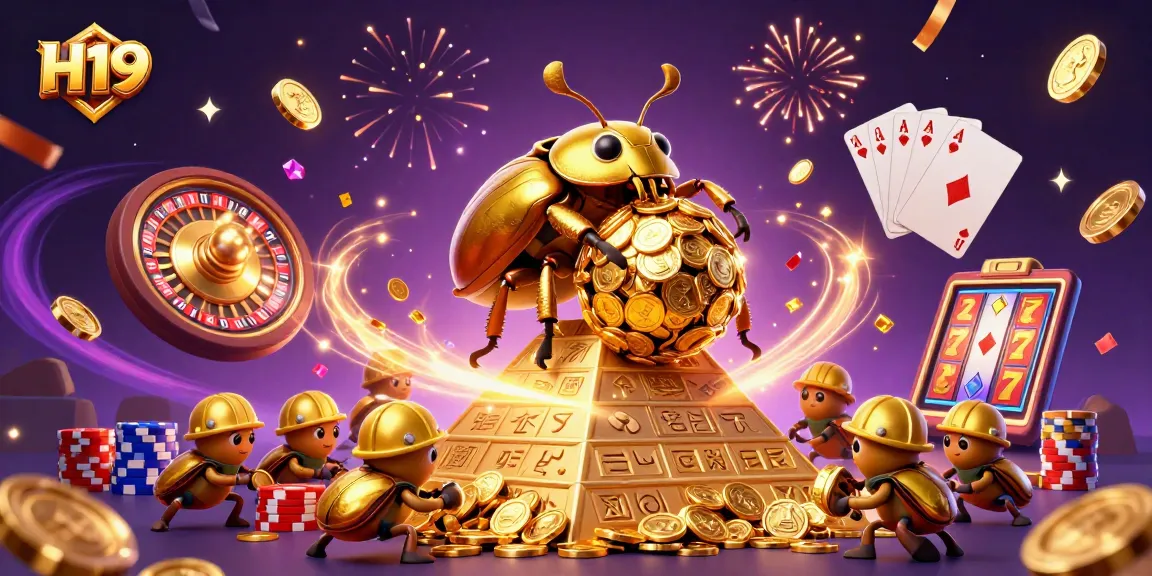 Win big at H19 with a colorful casino scene featuring golden coins and vibrant gaming elements.