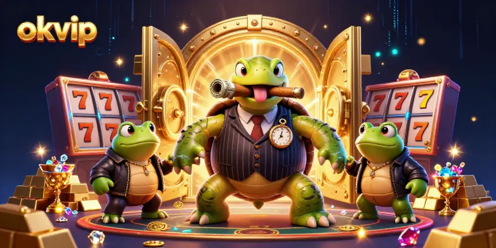 Engage with the vibrant scene of okvip, where a snapping turtle in a mobster suit leads a dynamic casino experience.