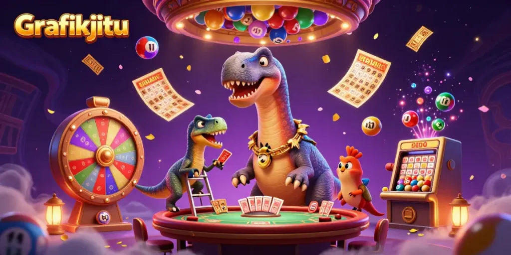 Grafikjitu showcases a vibrant casino scene with a brontosaurus and raptor, engaging in thrilling card dealing.