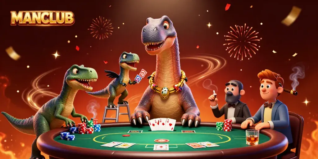 Engage in excitement at MANCLUB as a giant brontosaurus oversees a thrilling poker game scene.