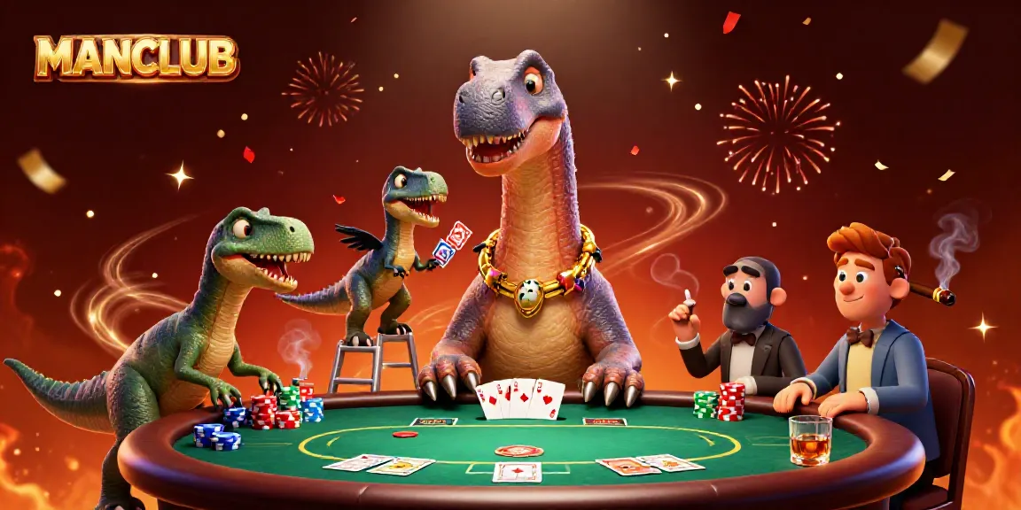 Engage in excitement at MANCLUB as a giant brontosaurus oversees a thrilling poker game scene.