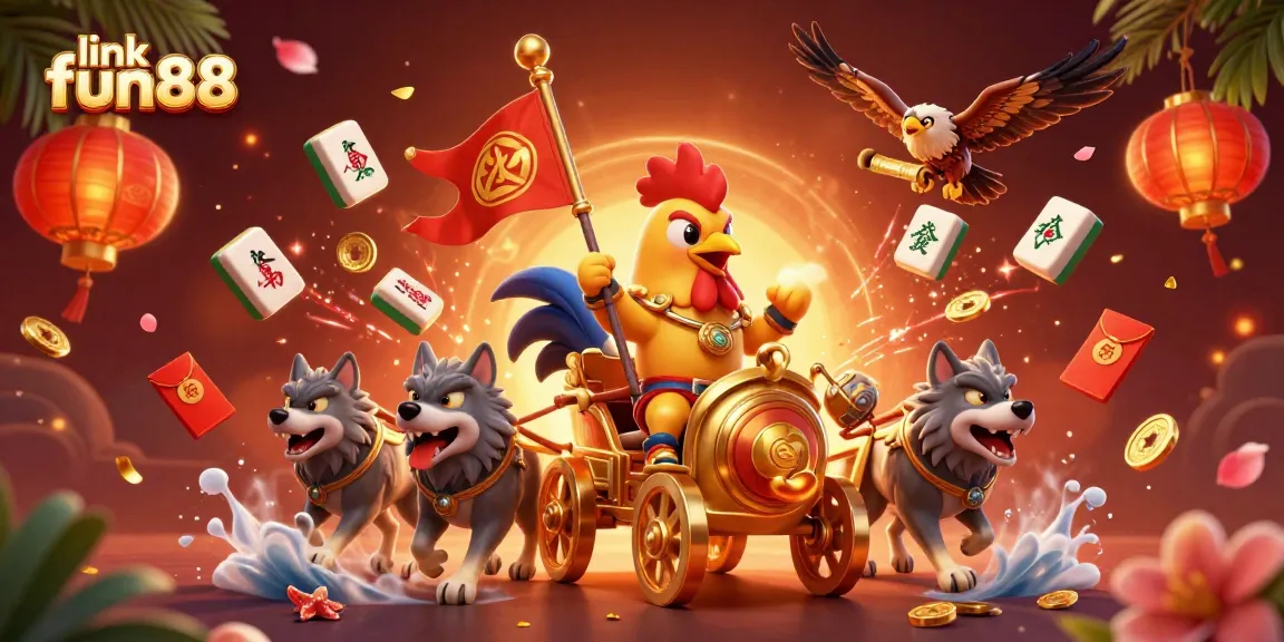 Engage with link fun88 in an exciting casino scene featuring a cartoon rooster warlord in action.