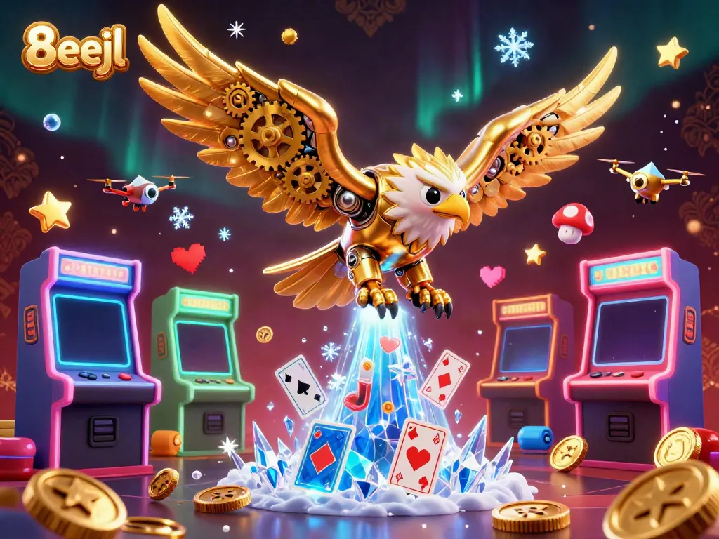 Engage with 8eejl as a golden eagle dives through holographic cards in a vibrant casino setting.