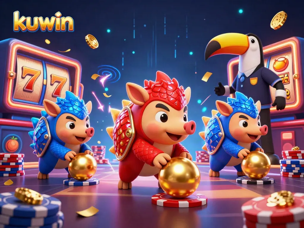 Kuwin slots game illustration with dynamic characters, packed with colorful casino elements and vibrant energy.