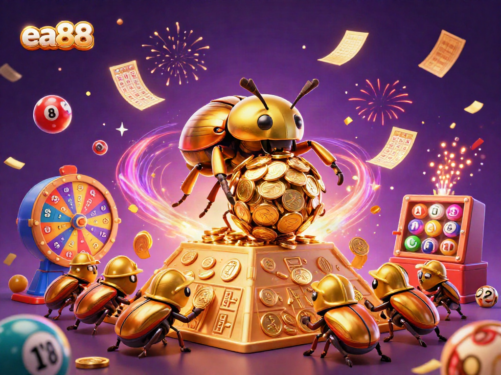 ea88 celebrates wins with golden beetles and vibrant lotto elements in a lively 3D scene.