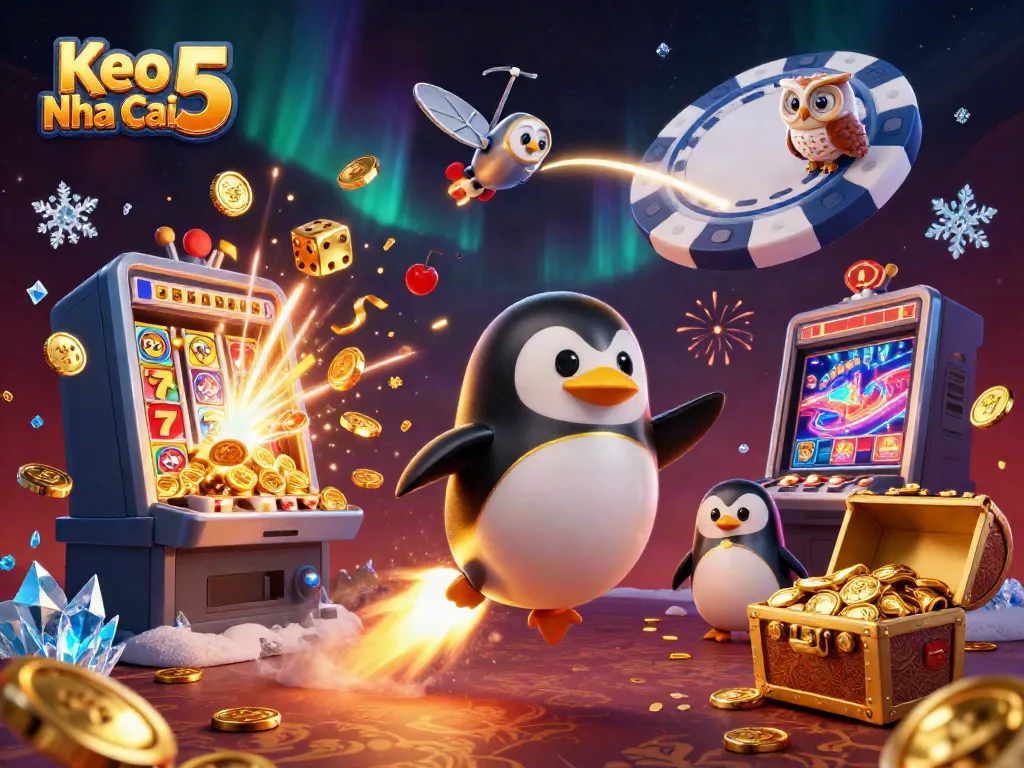 Engage with Keo Nha Cai 5's vibrant casino world featuring a golden penguin and dynamic game elements.