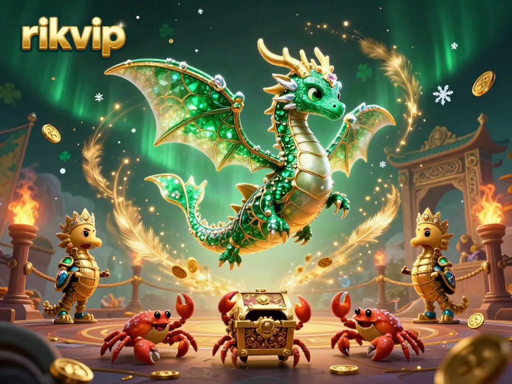 Engage with rikvip's vibrant gaming world featuring a sea dragon and treasure in this detailed illustration.