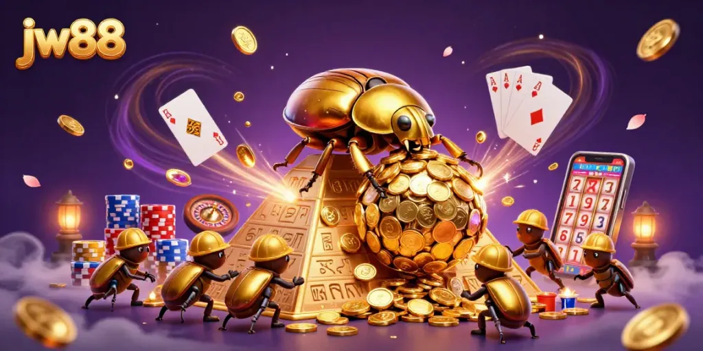 Experience the excitement of jw88 as a golden beetle navigates a vibrant casino landscape.