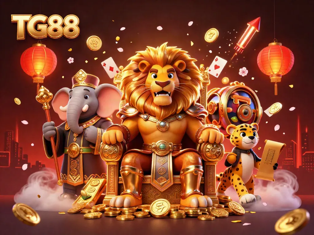 Experience the thrill of winning at TG88 with lucky symbols, vibrant characters, and dynamic casino elements.
