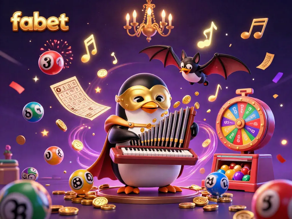 Experience the excitement of gambling at fabet with a vibrant 3D casino scene featuring a penguin and dynamic game elements.