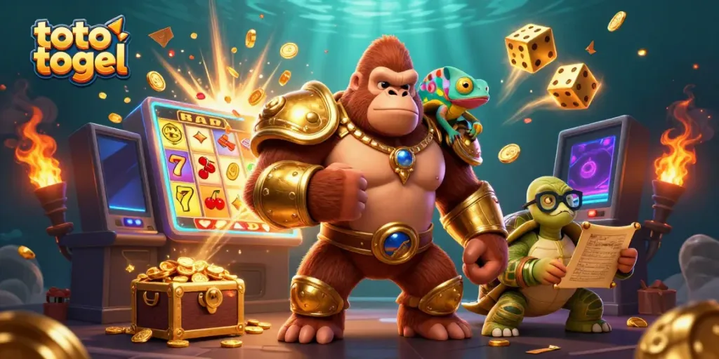 Engage with the world of toto togel through a vibrant scene of a gorilla king, chameleon, and tortoise amidst jackpot symbols.