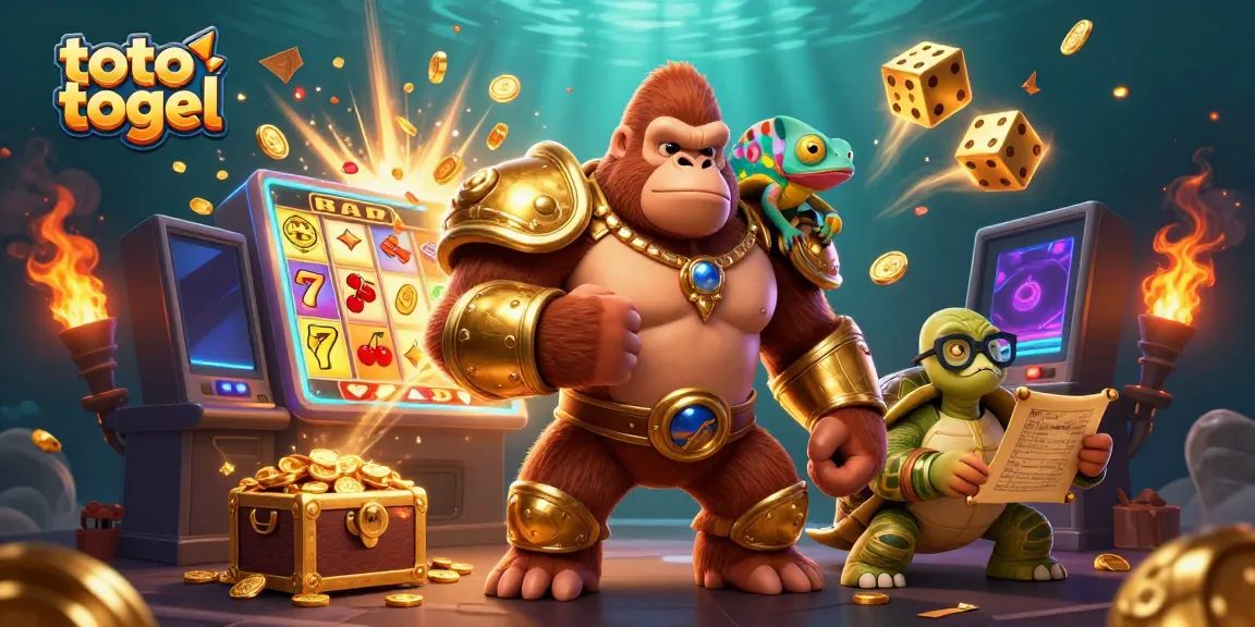 Engage with the world of toto togel through a vibrant scene of a gorilla king, chameleon, and tortoise amidst jackpot symbols.
